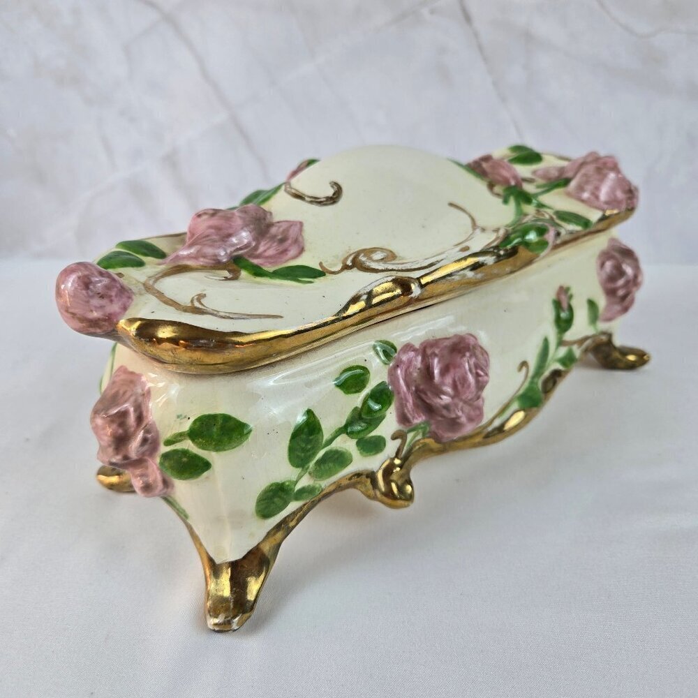 Vintage 1950's Ceramic Lidded Box Pink Roses Greenery Gold Accents Artist Signed